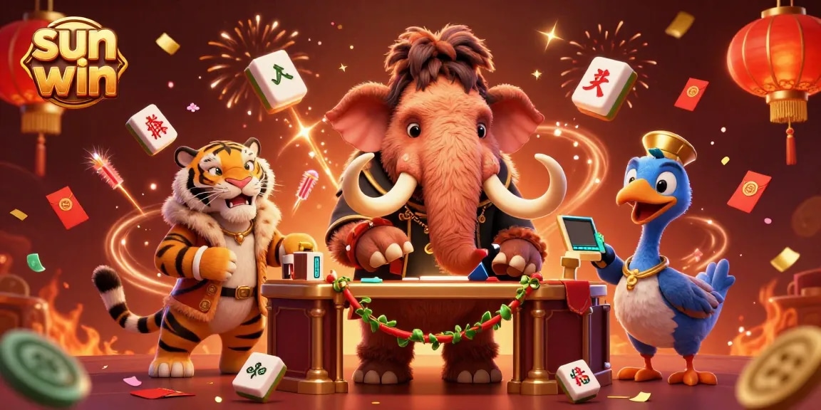 Experience the thrill of sun win with a vibrant 3D casino scene featuring unique characters and festive elements.