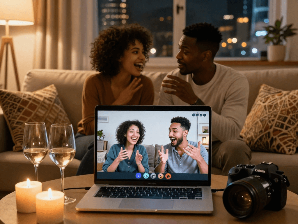 Engaging couple in a lively sexchat conversation at home with warm lighting and cozy ambiance.