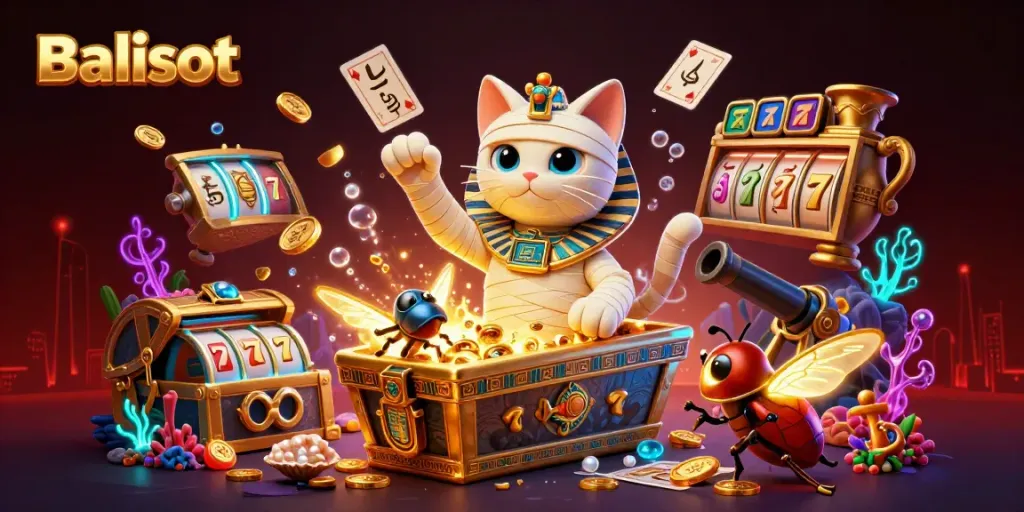 Balislot showcases Egyptian mummy cat and glowing scarab in an exciting casino scene with slot elements.