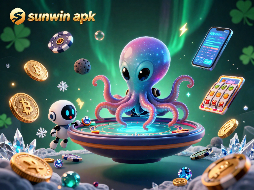Engage with the fun of sunwin apk in a vibrant scene featuring an alien octopus at a holographic poker table.
