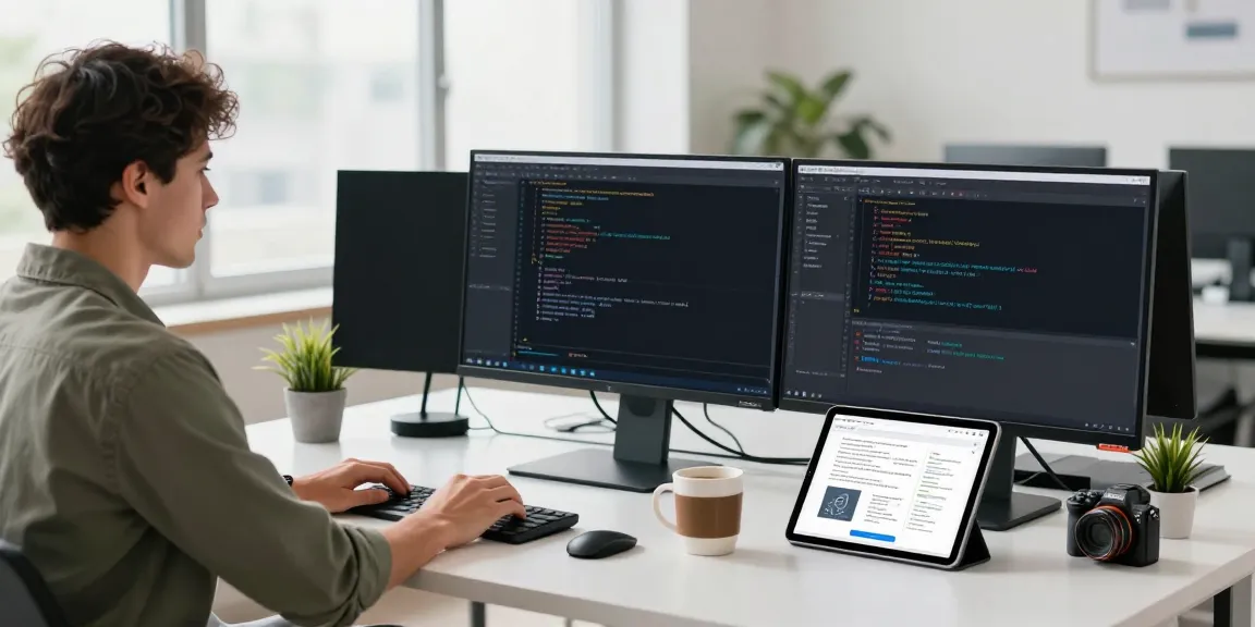 Web developer coding with instant indexing documentation in a bright workspace.