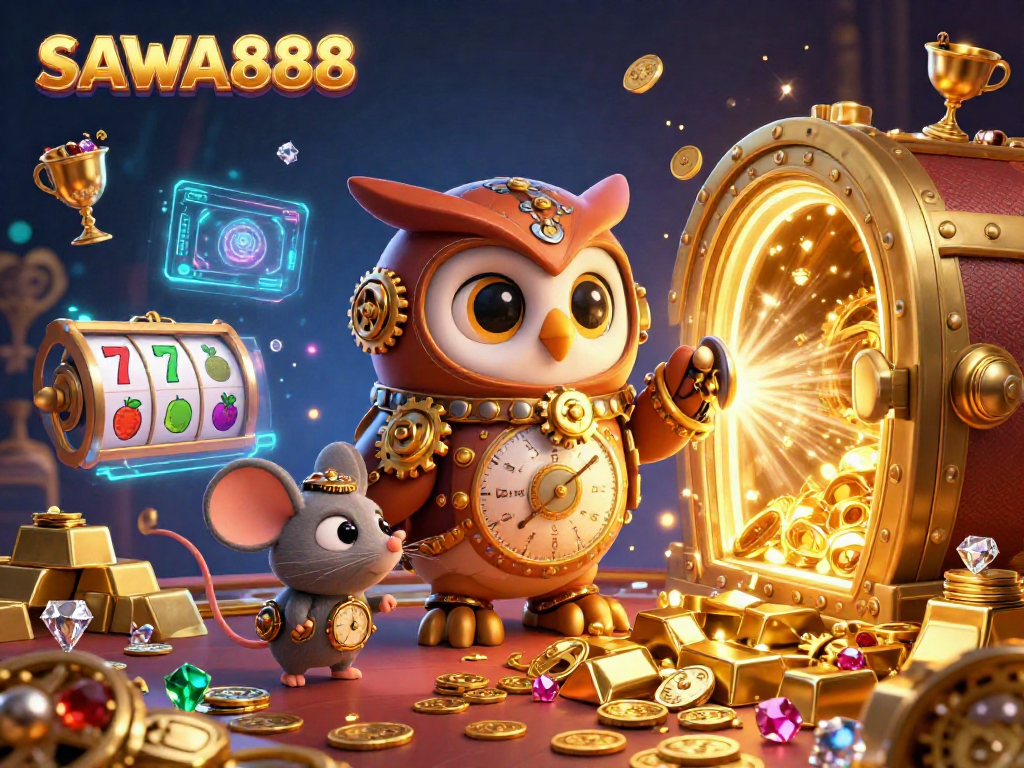 SAWA888 showcases a vibrant casino experience with engaging slot reels, featuring gold, gems, and captivating characters.