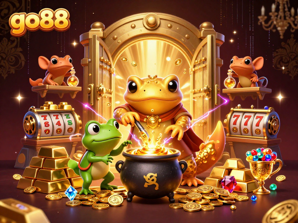 Experience exciting gameplay at go88 with a 3D illustration of gold-rich environments and game elements.