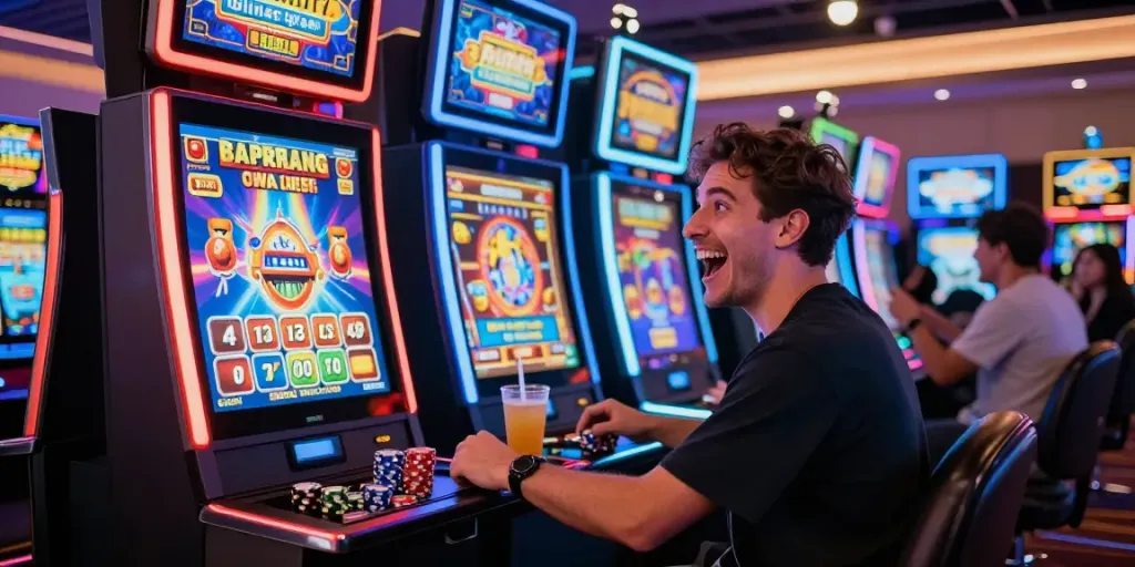 Player enjoying Bonus Buy Slots at a vibrant casino atmosphere, visiting https://stargazyinn.co.uk.