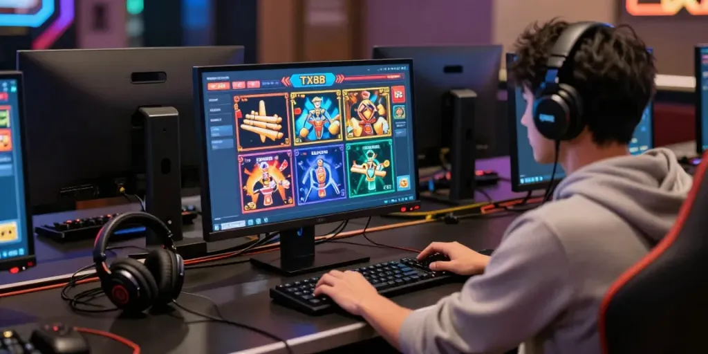 Engaged player at TX 88 online betting platform with gaming gear and vibrant interface.