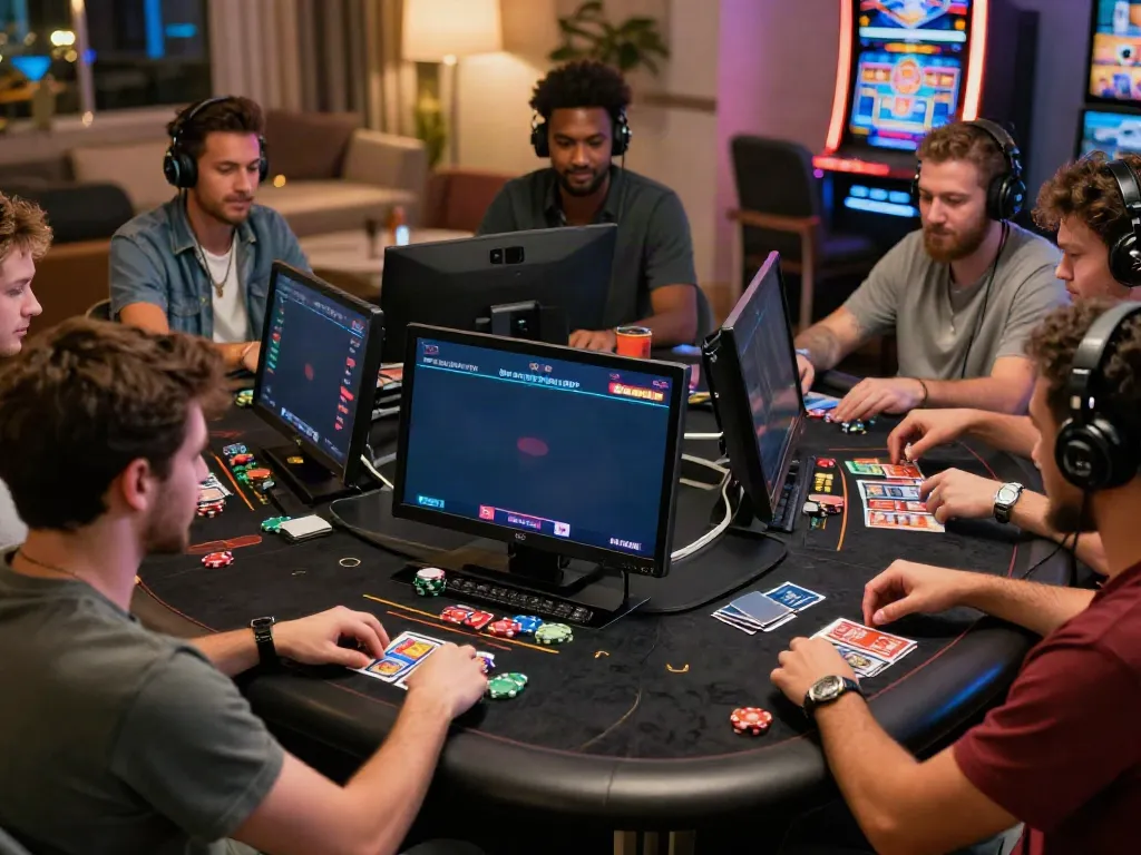 Exciting scene of diverse players at credit card casino sites enjoying card games and slots in a lively atmosphere.