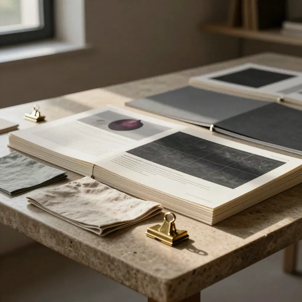 Consultancy boards and swatches on a stone table in moody morning light.
