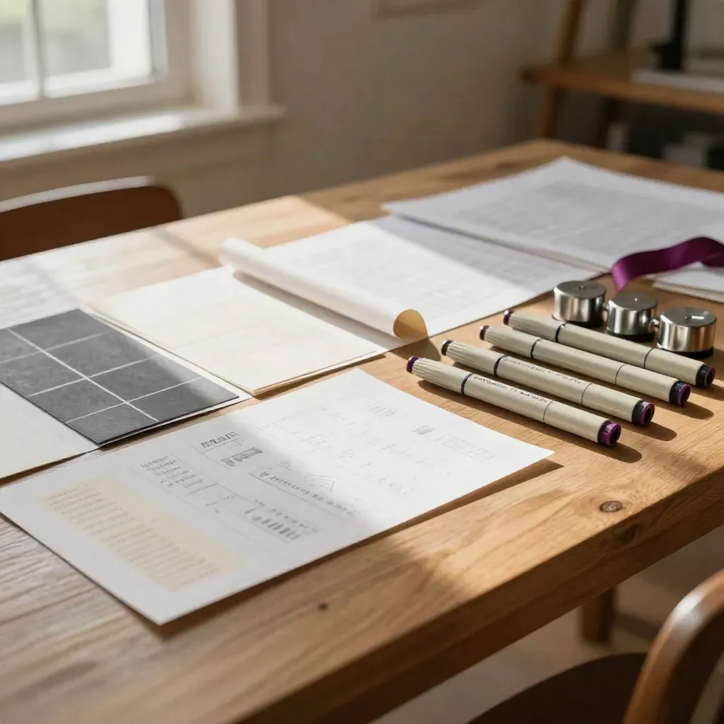 Brand audit materials on a linen studio table in warm window light, with sample chips and proof sets.