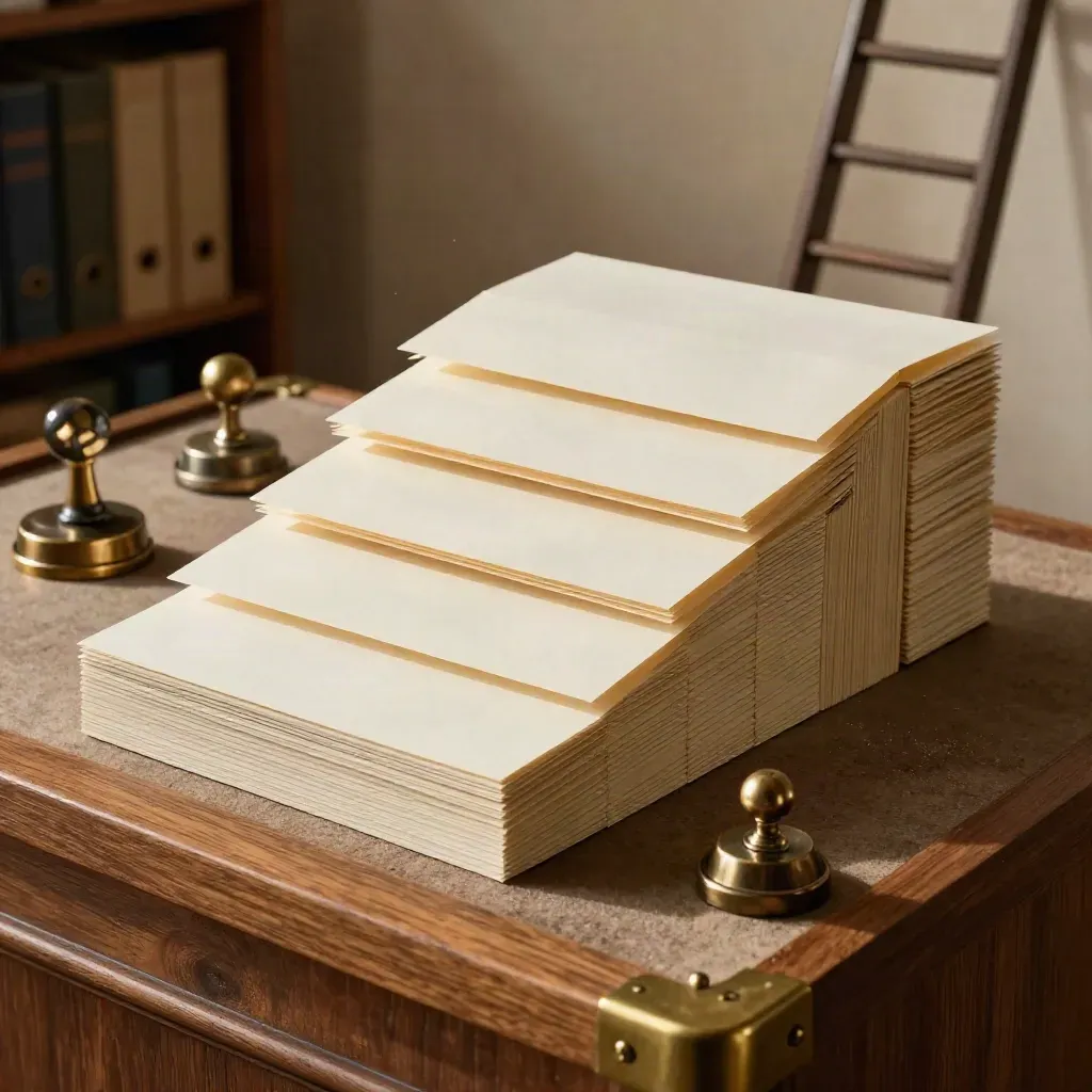 Top-down messaging framework cards, folders and proof weights on a smoked oak board.