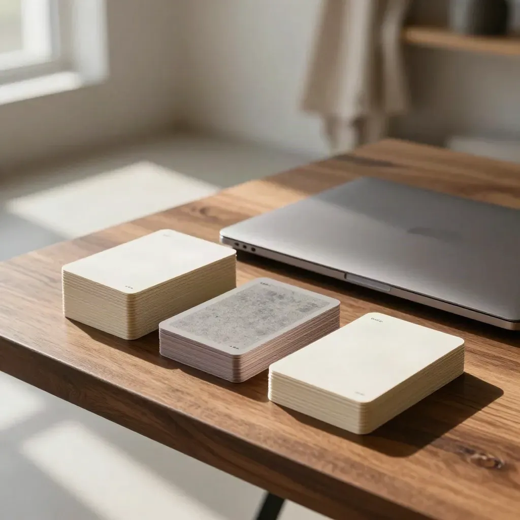 Copy deck, closed laptop and proof cards on a walnut table in warm window light.