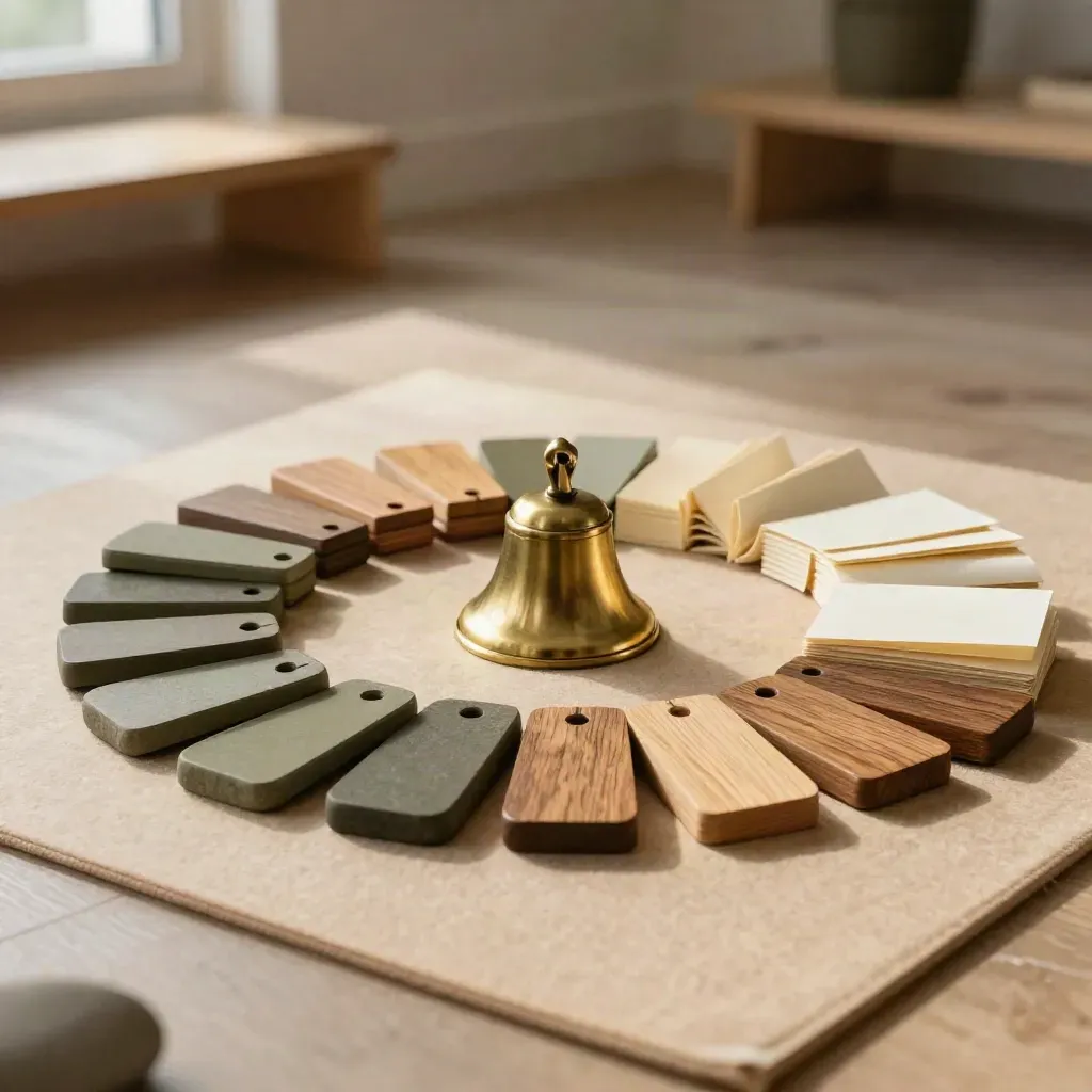 Workshop facilitation tokens, talking stone, tent cards and brass bell on a felt mat