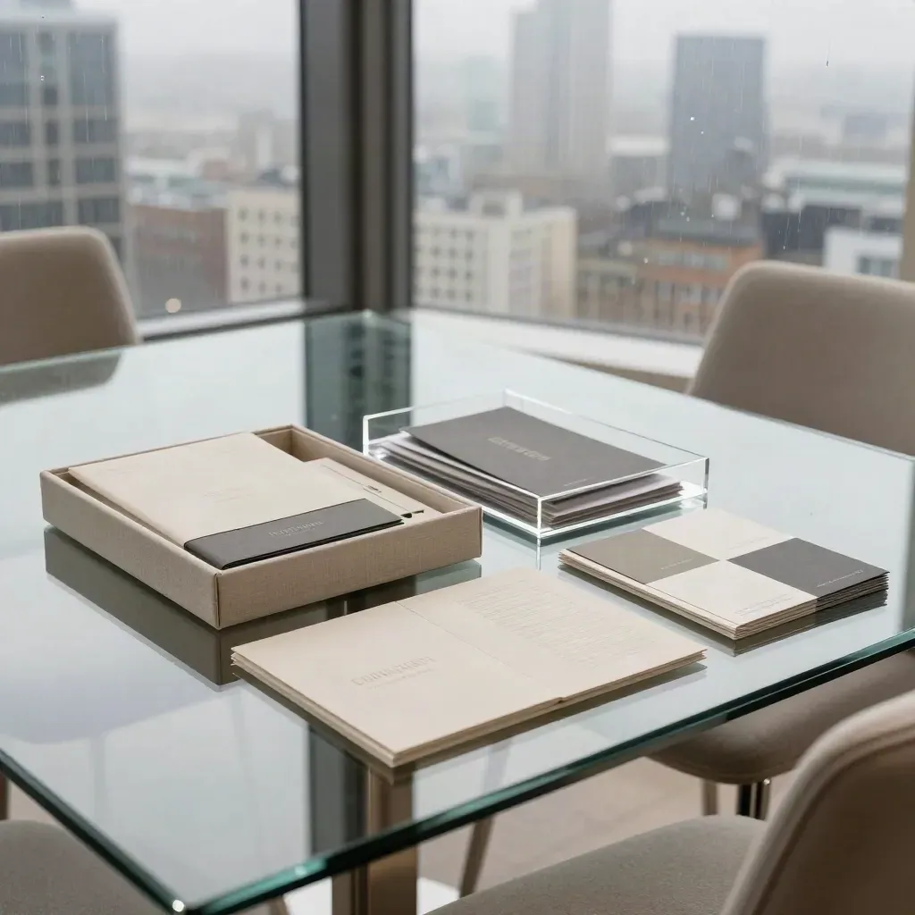 Empty London meeting corner with pitch deck and stationery by a rain-hazed city window.
