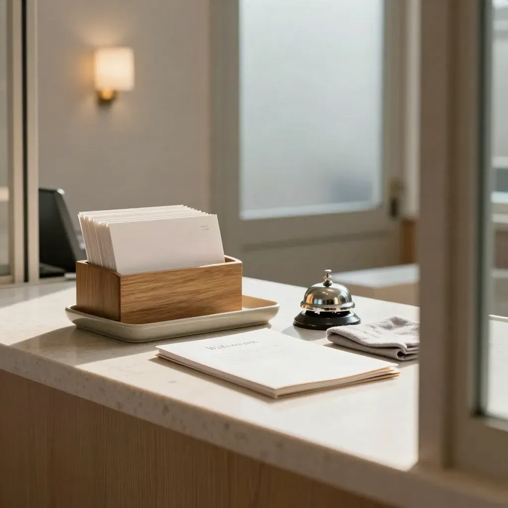 Empty clinic reception with brochure holder, appointment tray and linen folder in warm daylight.