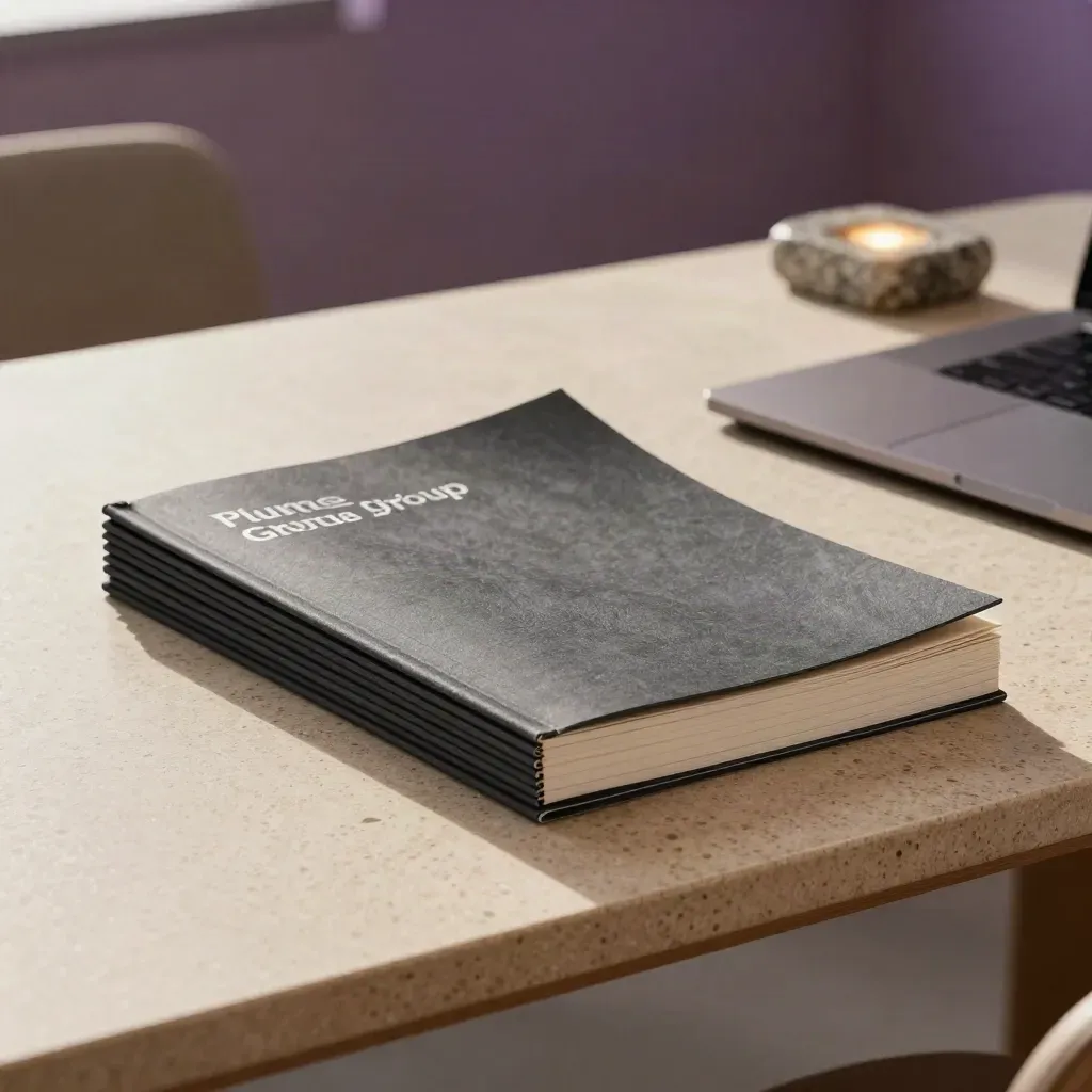 Investor folio, closed laptop and stone paperweight on travertine in a strategy studio