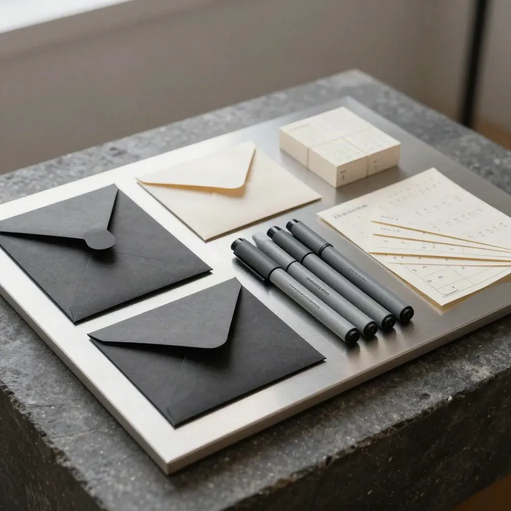 Charcoal launch mailers, calendar blocks and route cards on a pewter studio surface.