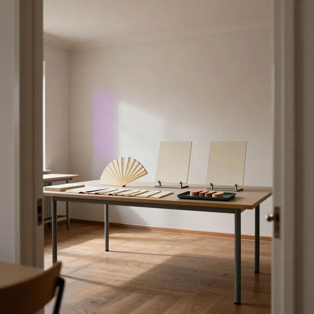 Empty workshop room with consensus cards, turned easels and stacked facilitation tools in warm daylight.