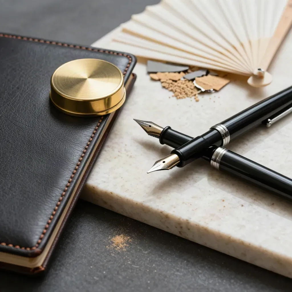 Macro of consultancy tools: leather folio, brass paperweight, color chips and fountain pen on stone.