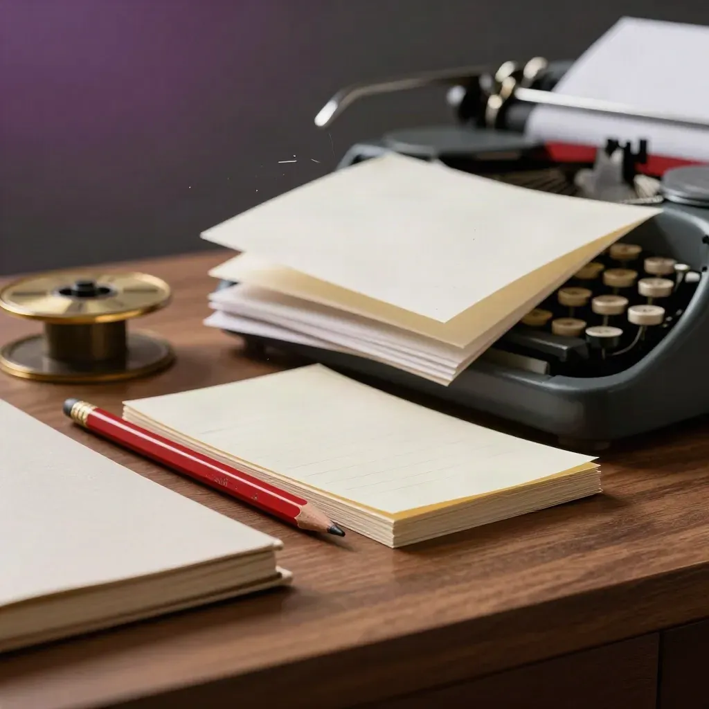 Copywriter tools on a walnut desk: red pencil, index cards, notebook, ribbon spool.