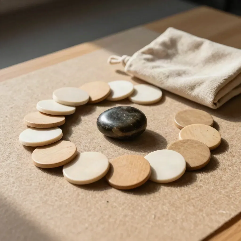 Workshop kit of wooden tokens, coloured discs, a talking stone and linen pouch on a felt mat.