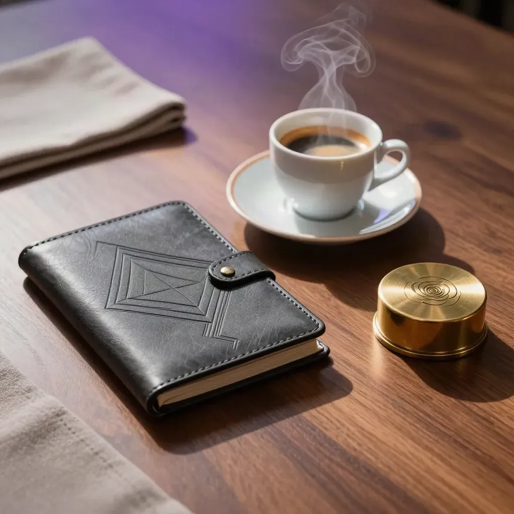 Espresso review still life with leather folio, cup, saucer and brass paperweight on walnut table