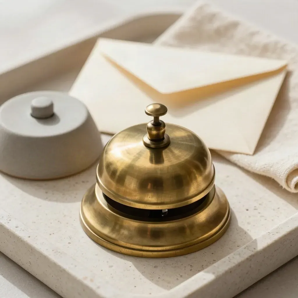 Brass desk bell, ceramic phone cradle, and cream envelope on a travertine tray.