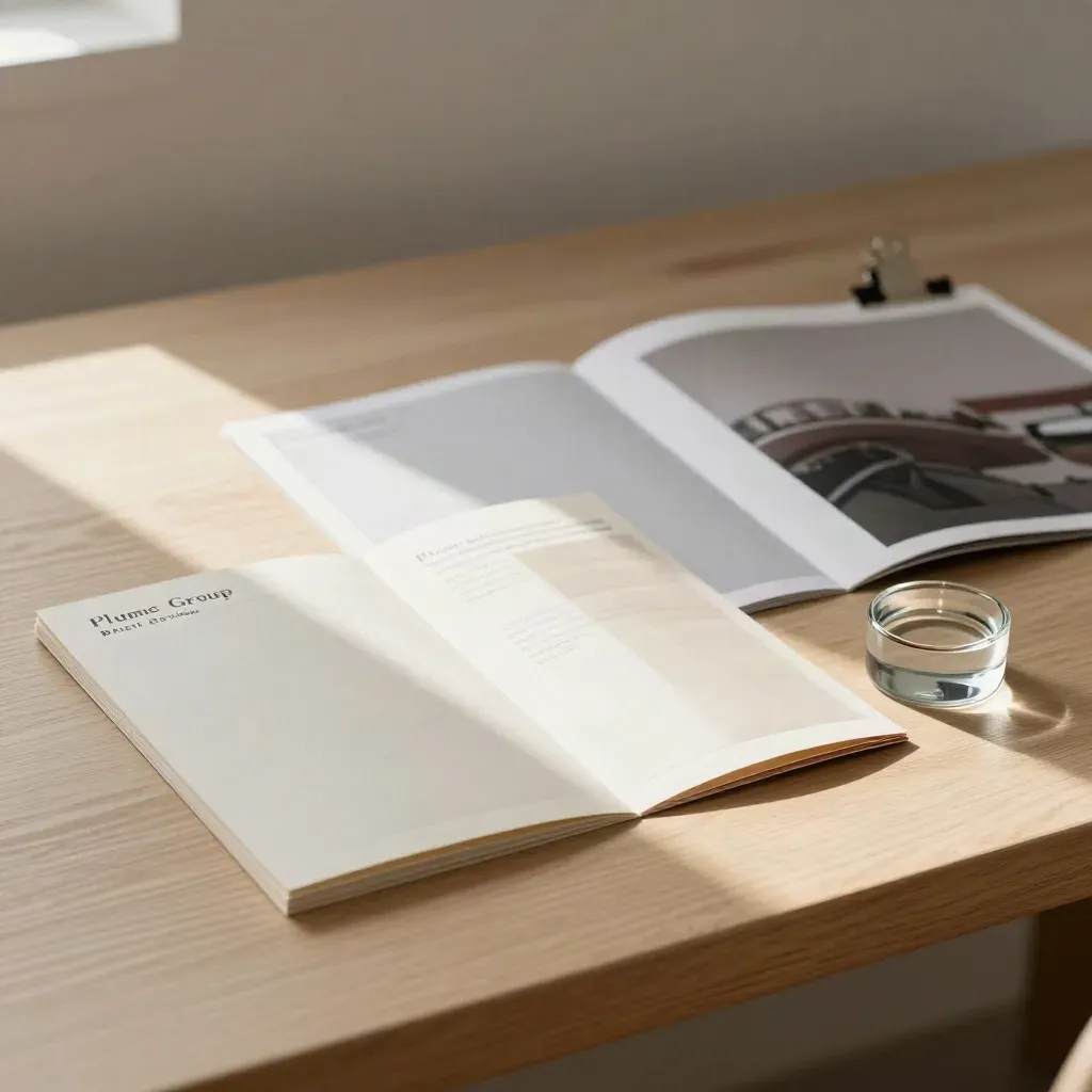 Pale wood consultancy still-life with brochures, clip, paperweight, and muted plum accent.