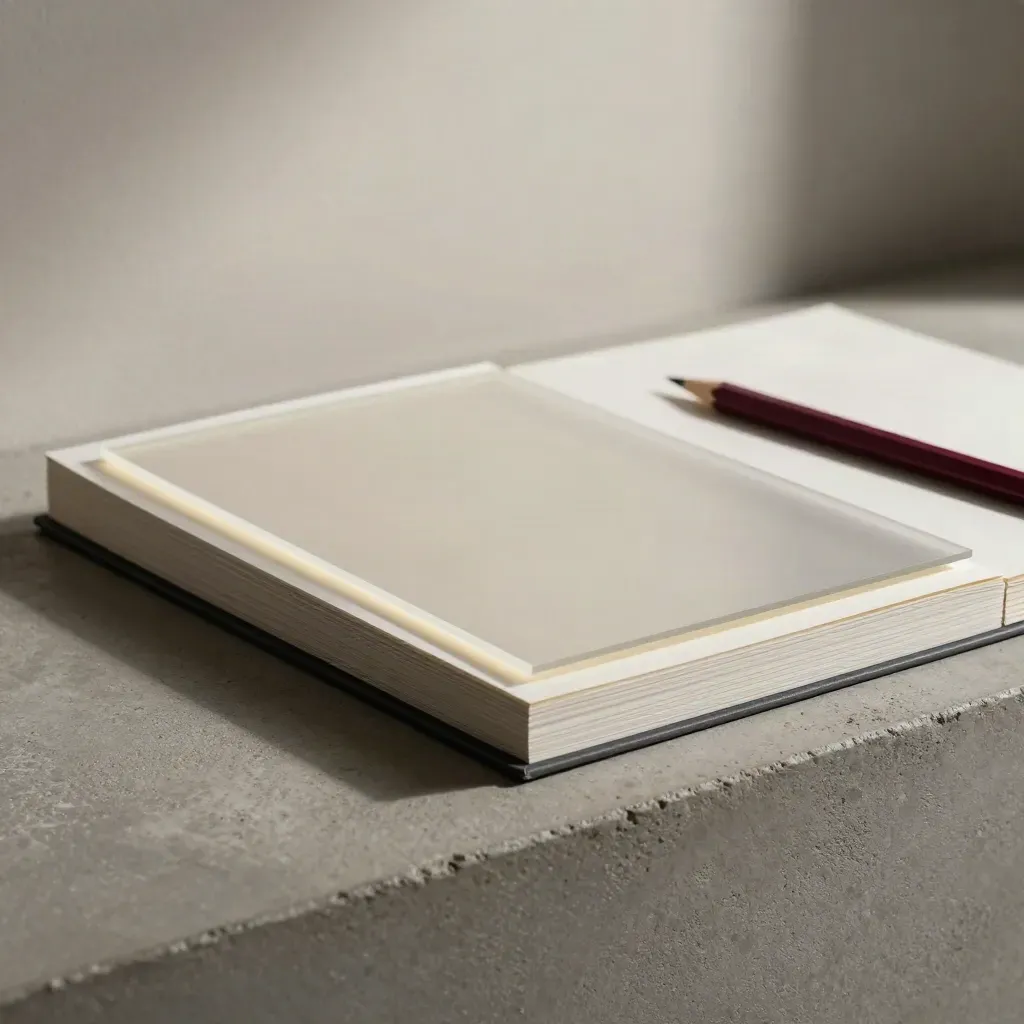 Finished deck folio, acetate overlay, face-down proof stack and red pencil stub on stone shelf.