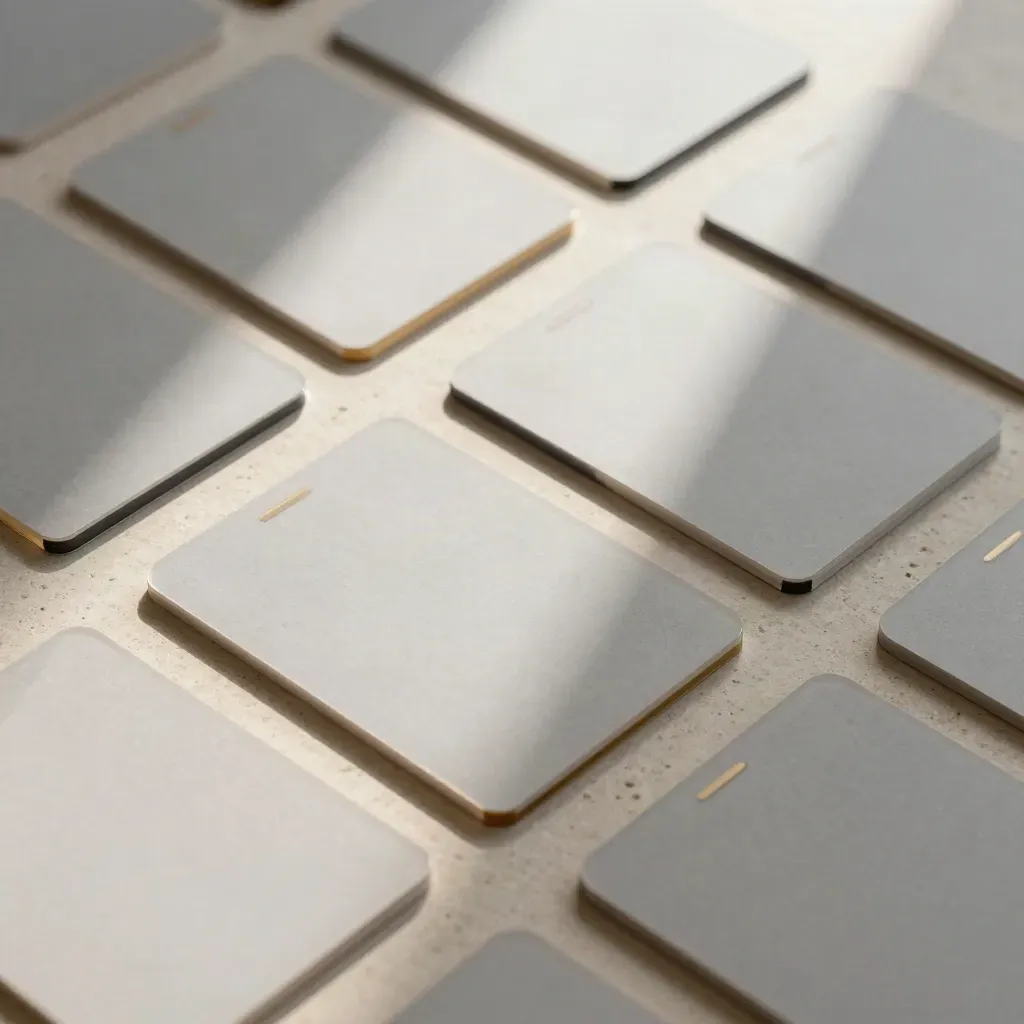 Overhead flatlay of blank layout tiles and muted-gold tabs on pale stone.