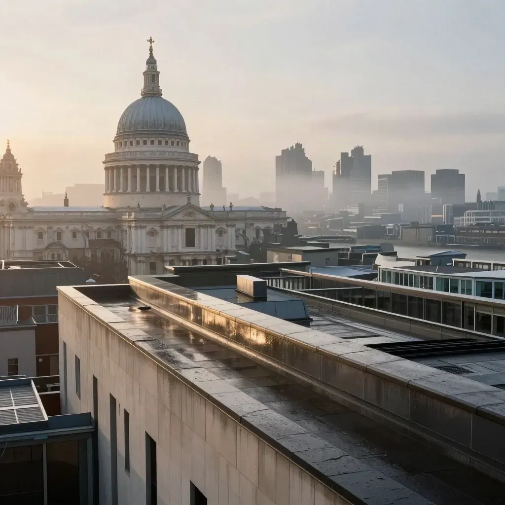 St Paul's rises above river mist from a wet rooftop at dawn over the City of London.