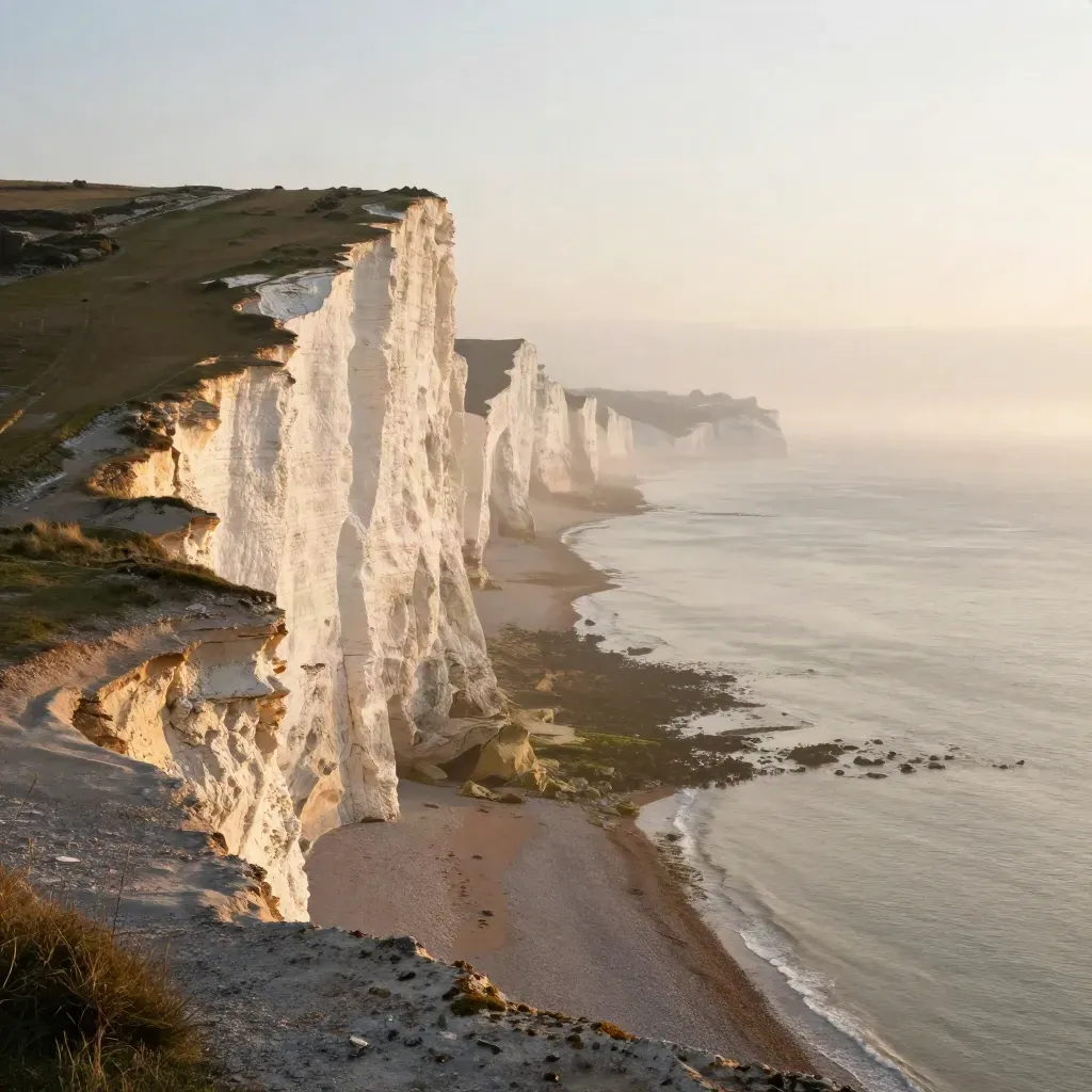 Chalk cliffs above a misty pale sea at dusk, with open calm space below