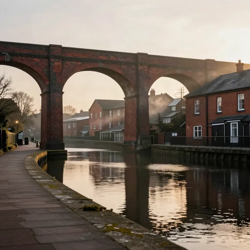 Birmingham canal basin at dusk with brick viaducts, rooftops, haze, and dark water