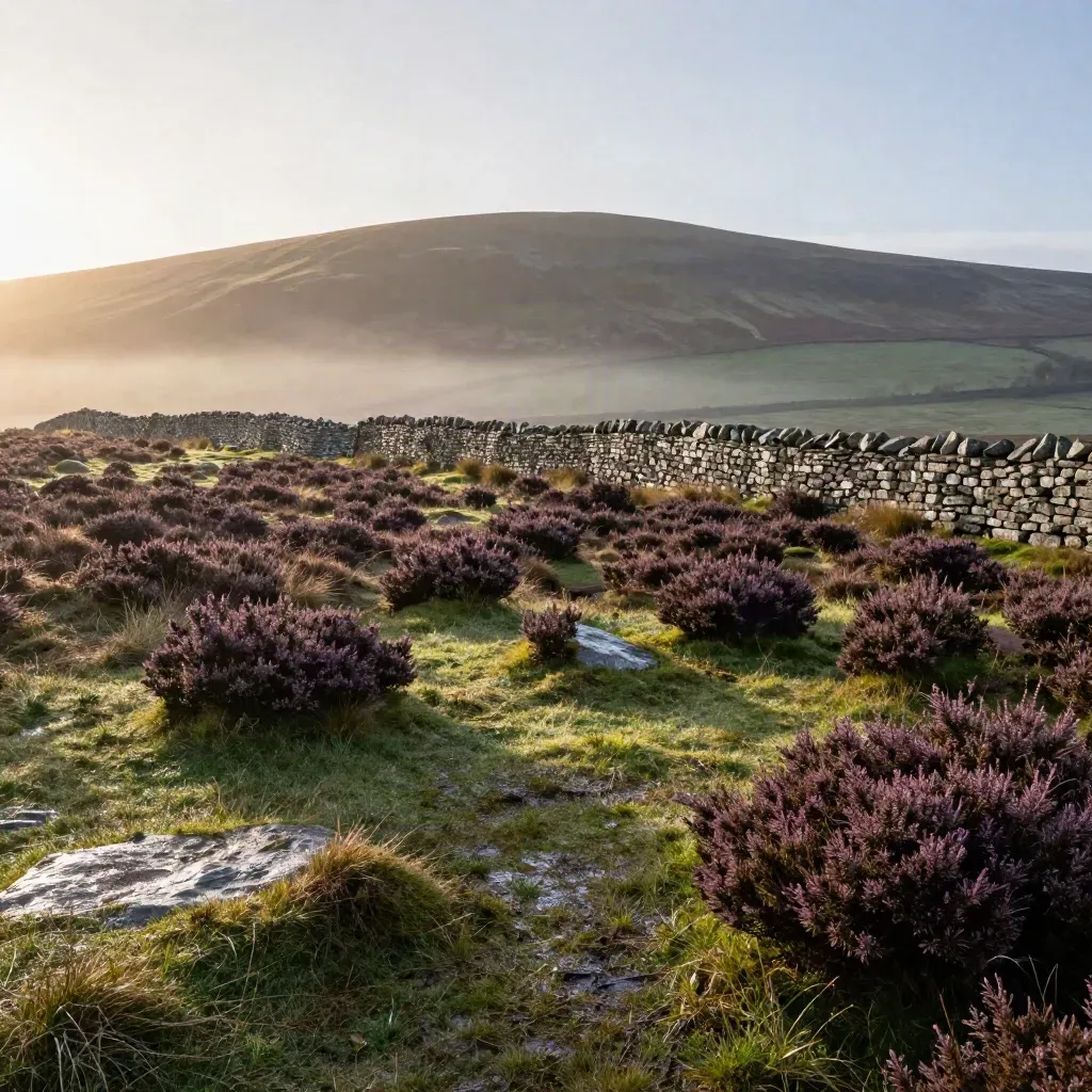 Dawn moorland and stone walls beneath a misty Pennine ridge after rain