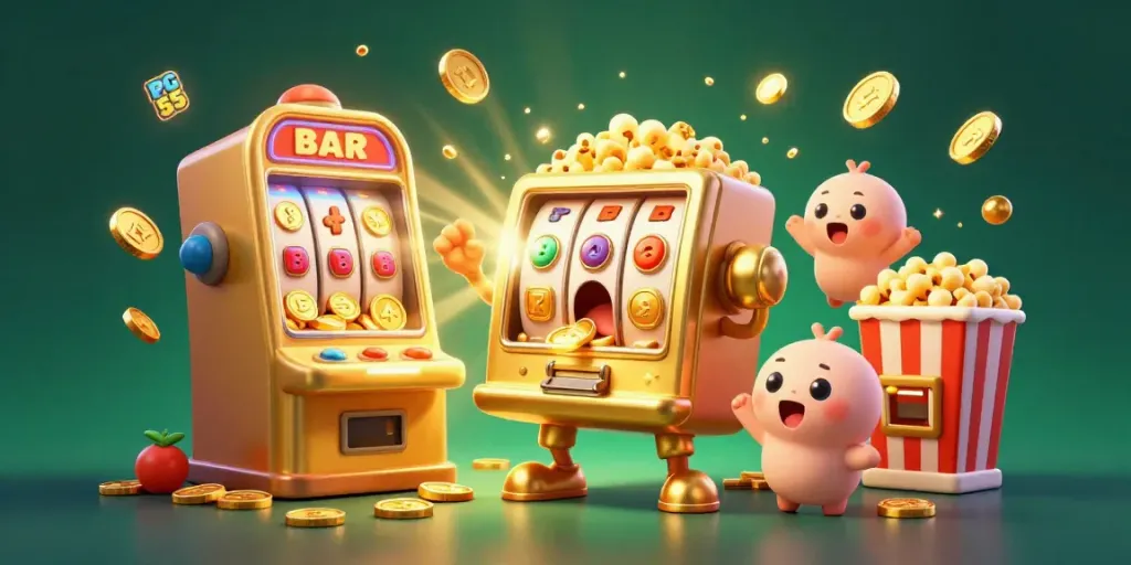 Experience the thrill of PG 55 with the shocked golden slot machine celebrating its jackpot amid flying coins and cheerful companions.