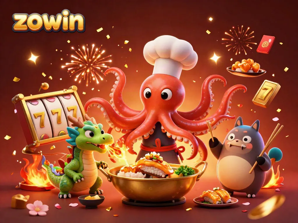 Zowin-themed vibrant casino illustration featuring dynamic characters preparing dishes amidst gold confetti, evoking celebratory gambling ambiance.