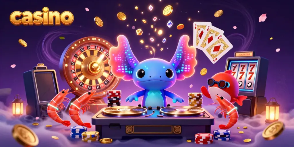 Experience thrilling casino gaming with a vibrant neon axolotl DJ and energetic sea creatures