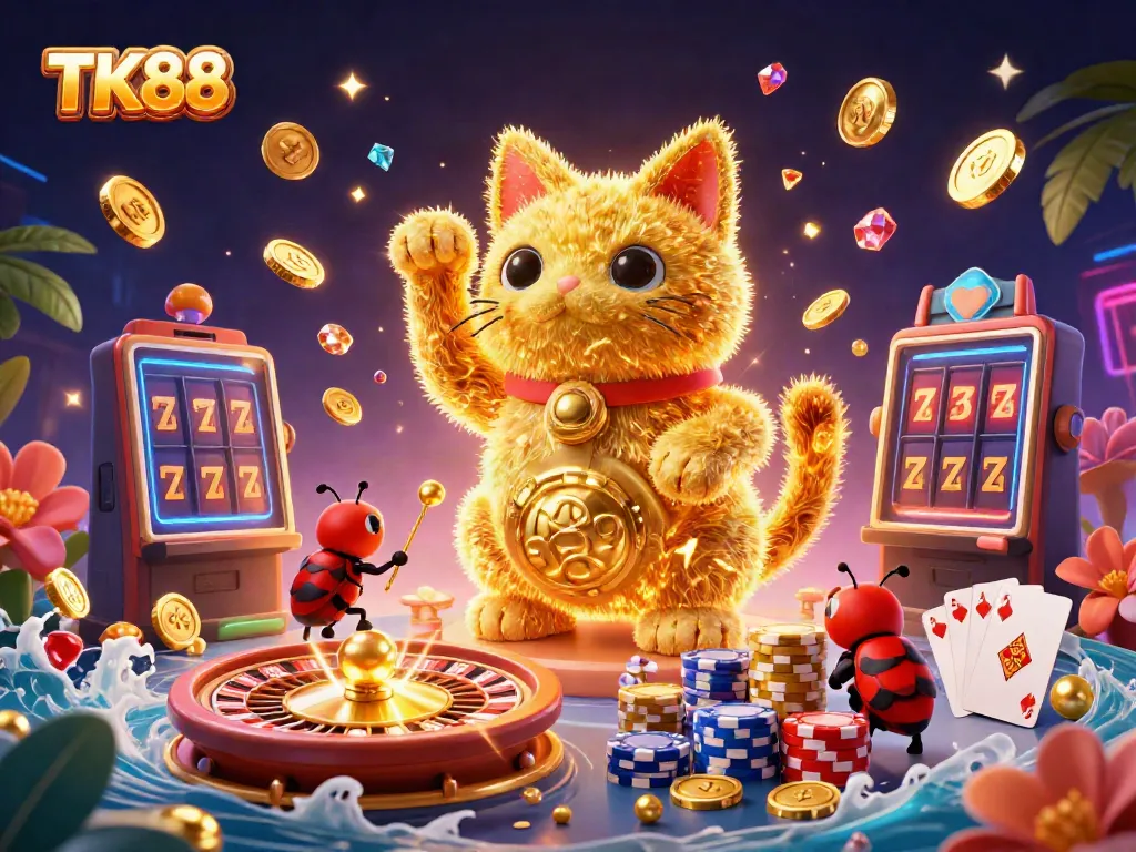 Experience gaming excitement with TK88's lucky cat symbolizing fortune amidst vibrant casino elements.