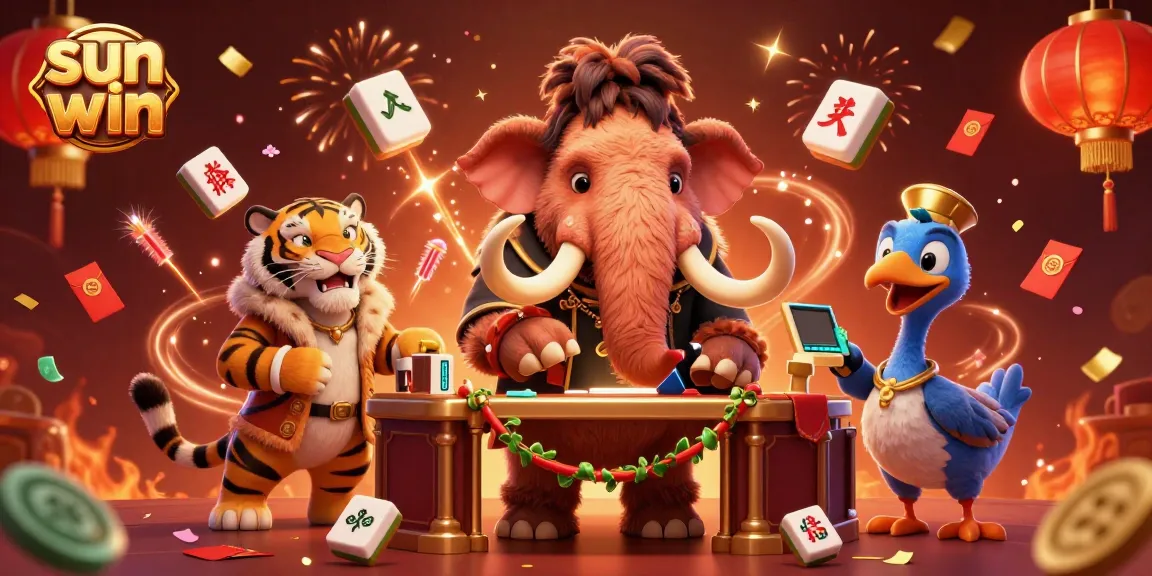 Experience the thrill of sun win with a vibrant 3D casino scene featuring unique characters and festive elements.