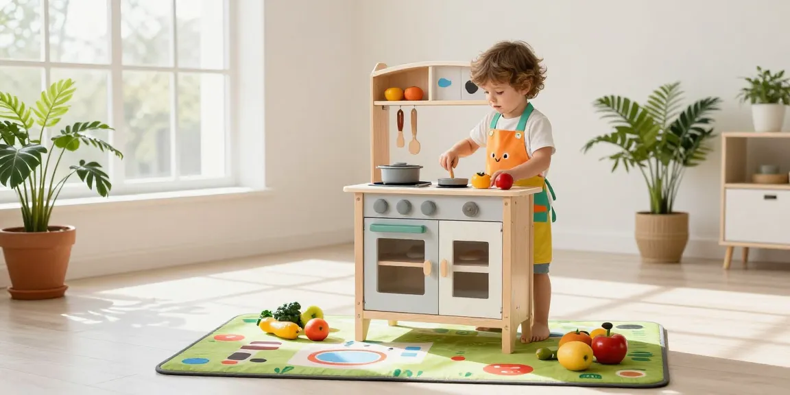 Wooden kitchen set with a child joyfully cooking play food in a bright playroom.