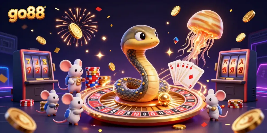 Experience the excitement of go88 with a vibrant cosmic casino scene filled with dynamic games and sparkling elements.