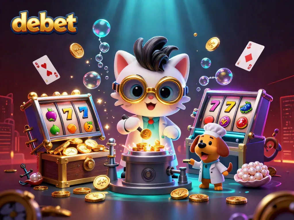 Engage with the debet gaming scene featuring a cartoon mad scientist and assistant amidst slot machines and gold coins.