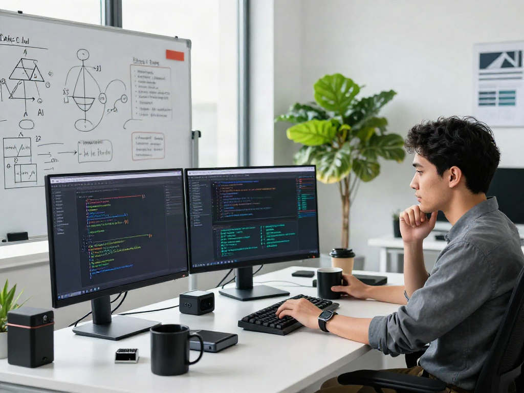 Developer working on spicy ai algorithms in a modern tech workspace with multiple screens and diagrams.