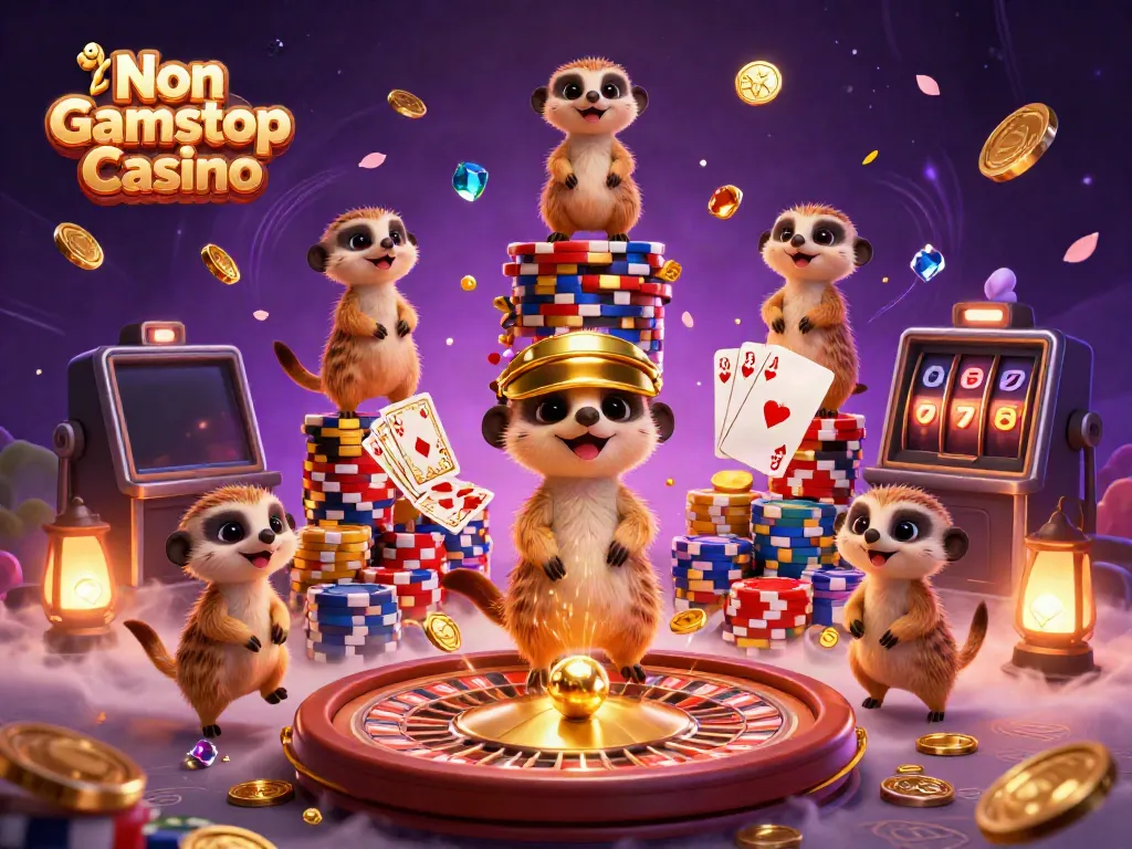 Experience the vibrant excitement of a Non Gamstop Casino with playful meerkat characters amidst dynamic casino elements.