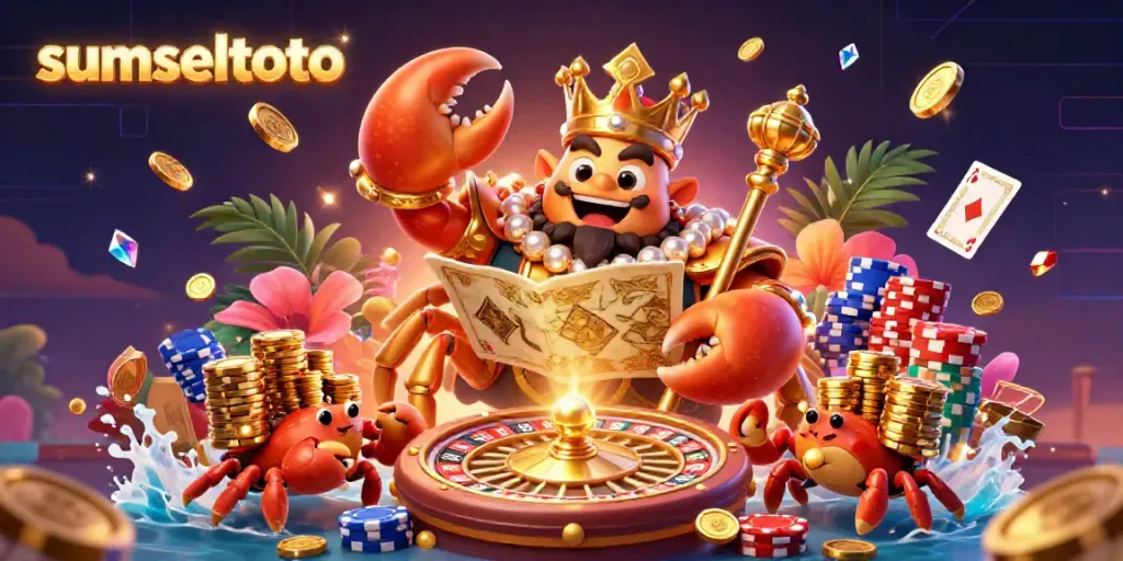 Play slots and win with sumseltoto's vibrant gaming scene featuring a golden crab emperor.