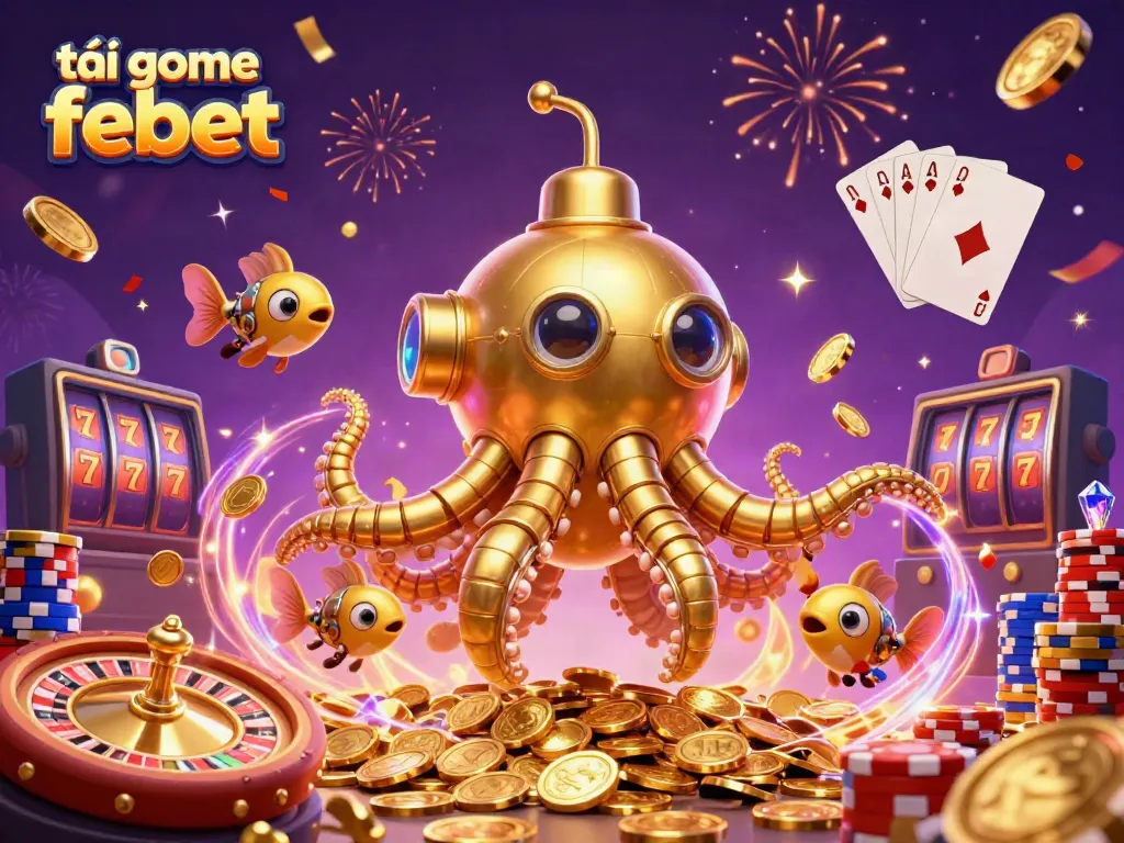 Engage in the excitement of tải game febet with a golden kraken submarine amidst coins and casino elements.