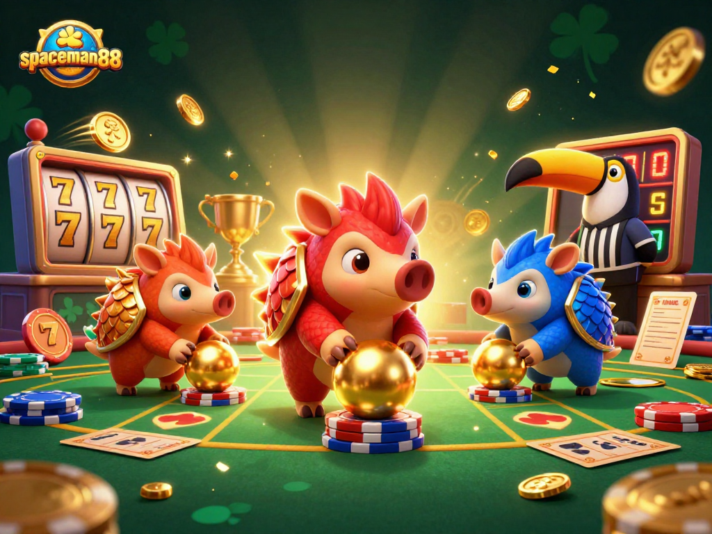 Engage in thrilling slot games with spaceman88 featuring vibrant pangolins, golden jackpots, and playful gambling elements.