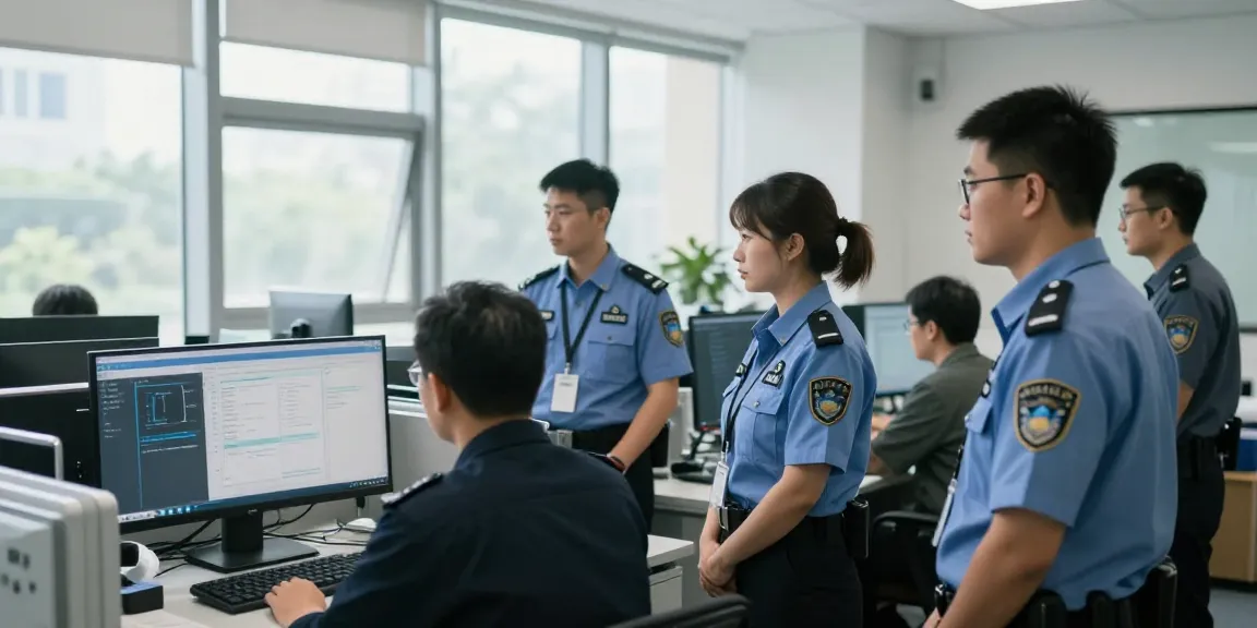 Corporate Security team monitoring a corporate office environment, visible technology, community-focused service.