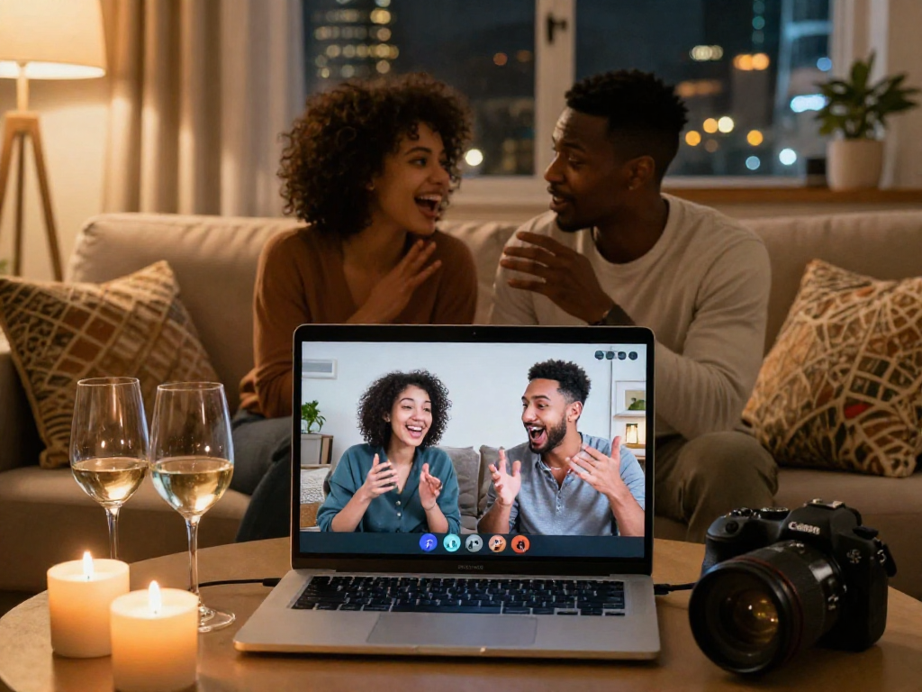 Engaging couple in a lively sexchat conversation at home with warm lighting and cozy ambiance.