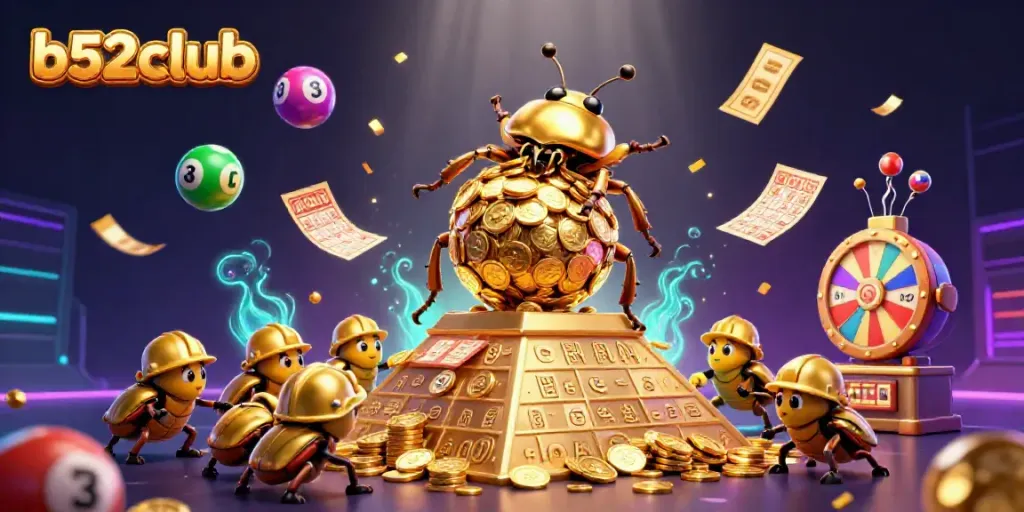 Engage with b52club's vibrant games, featuring a golden beetle and joyful lottery elements.