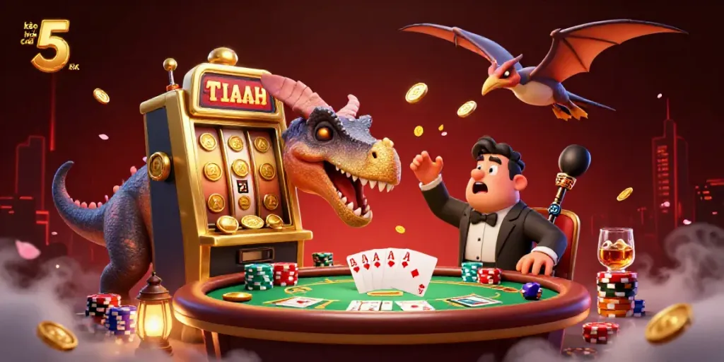 Catch the excitement at kèo nhà cái 5 as a dinosaur celebrates a jackpot win at the casino.